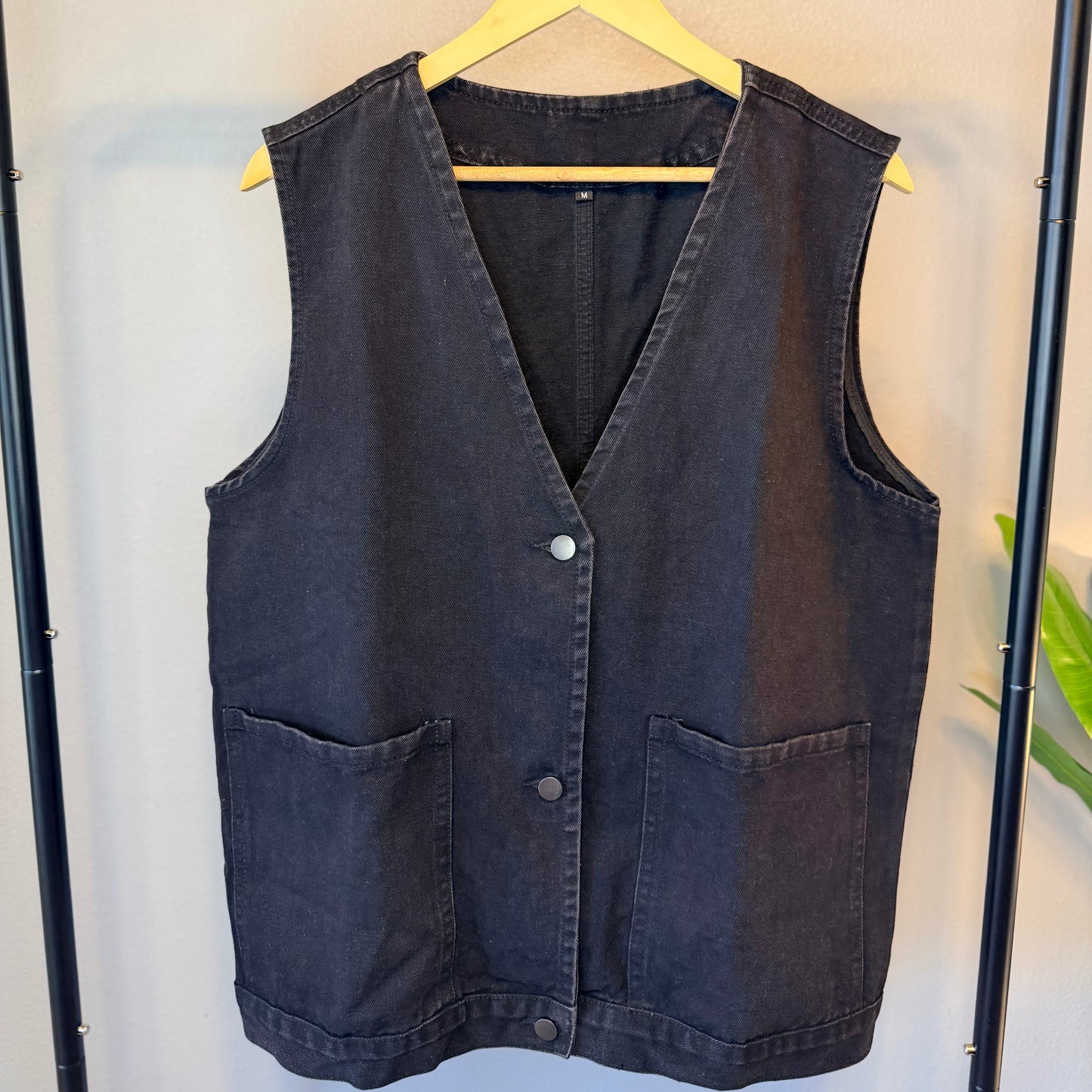 Faded Denim Button Up Pocket Vest | Black