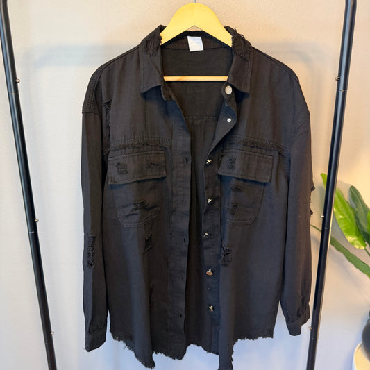 Raw Hem Distressed Denim Shacket
